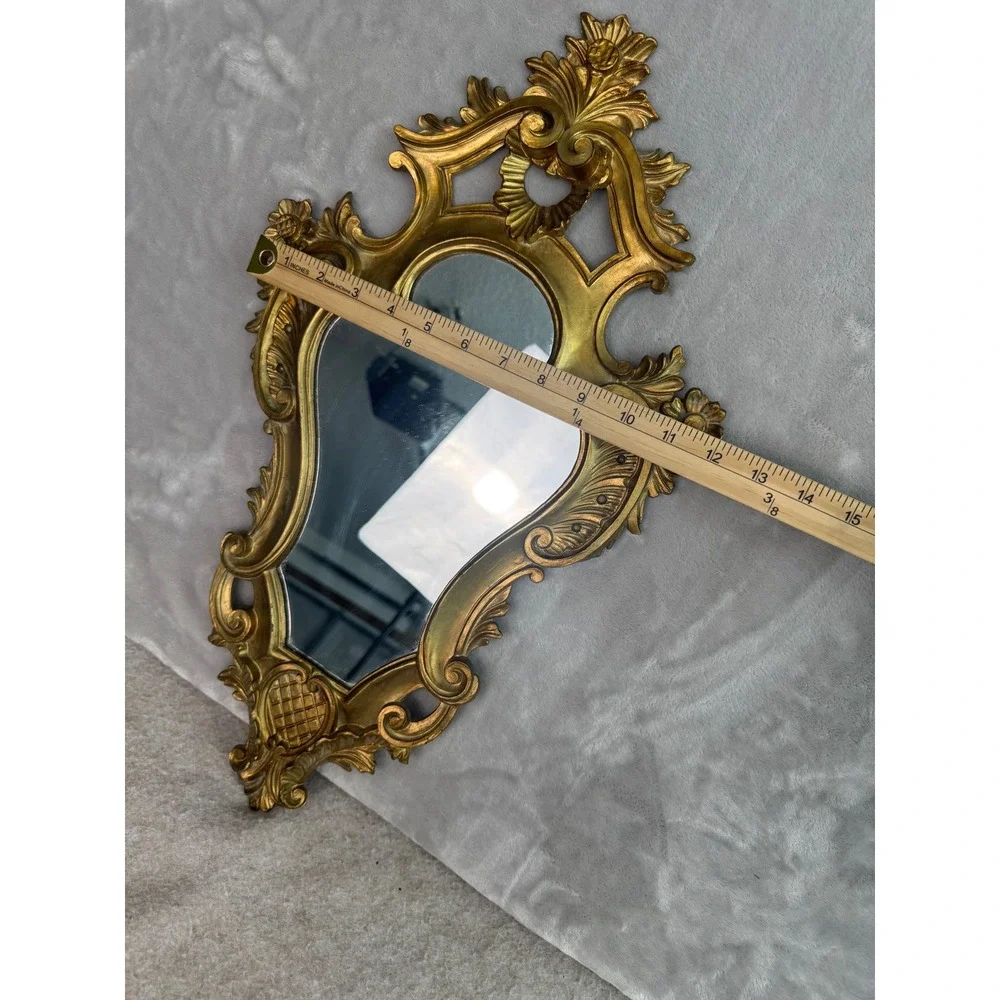 Vintage Gold Ornate Wall Mirror Baroque Rococo Style Floral Scroll 18.5x10.5in